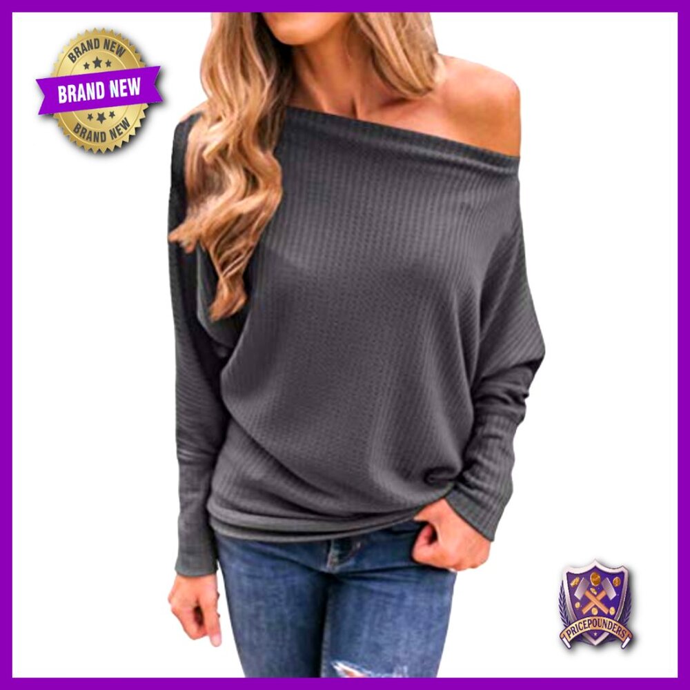 Oversized Off Shoulder Waffle Knit Sweater Pullover Tunic Top - Picture 2 of 7